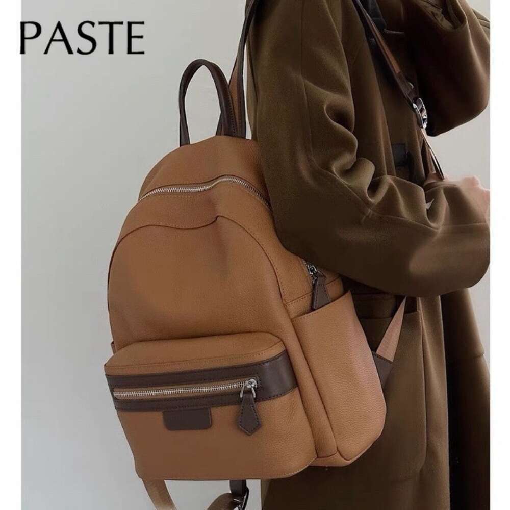 New Natural Cowskin 100% Genuine Leather Women Backpack 2024 Beige Hit-Color Large Capacity Shoolbag For Laptop College Girl