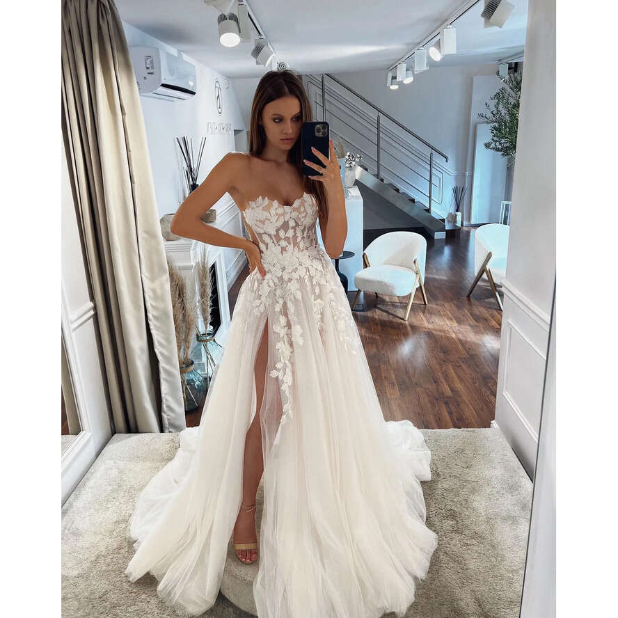 Vintage A E Dresses For Bride Sweetheart Appliques Lace Wedding Dress Sweep Train Backless Thigh Slit Long Designer Bridal Gowns 0515