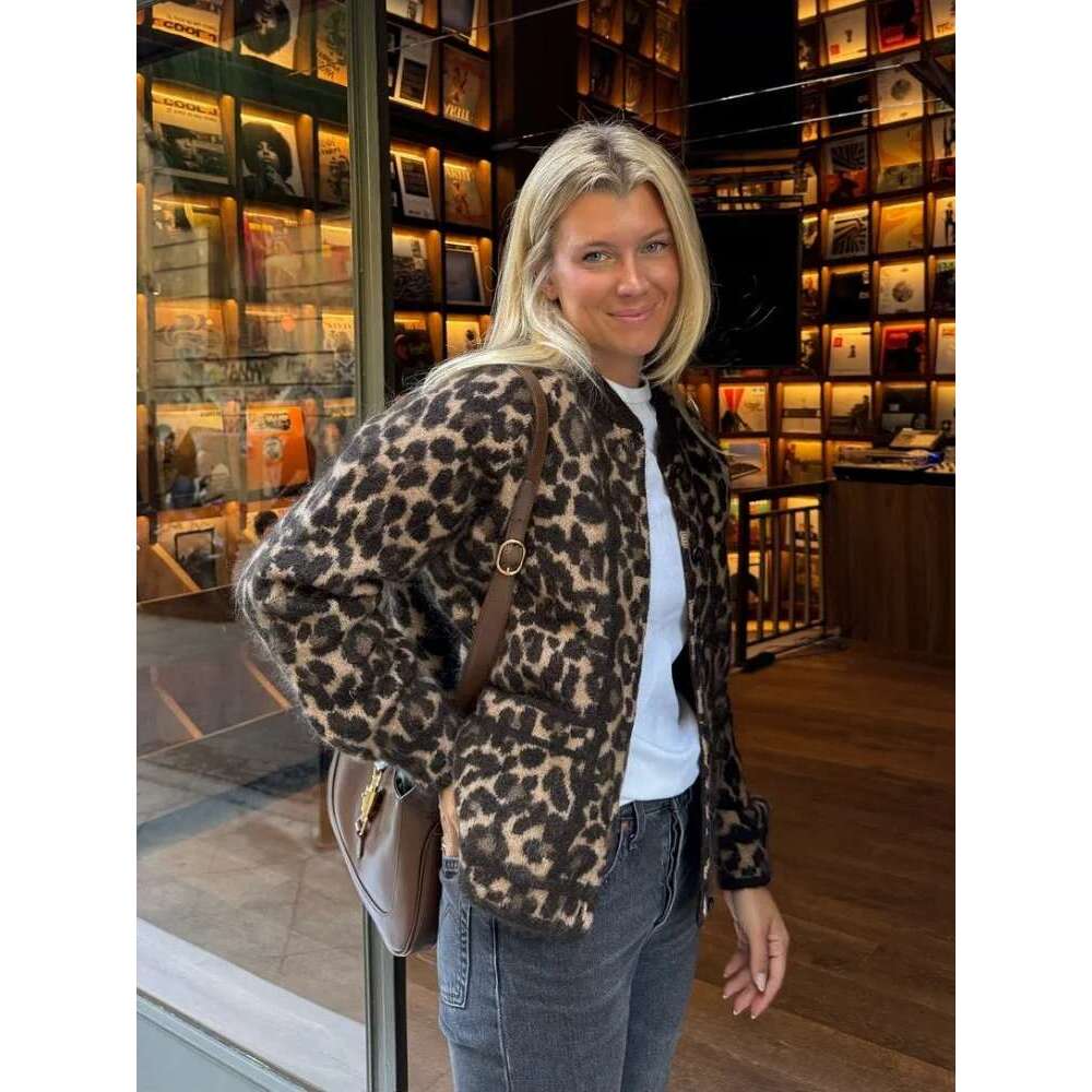 Leopard Print Mohair Women Knit Cardigan Fashion O Neck Single Breasted Full Sleeve Sweater New Autumn Commute High Streetwear