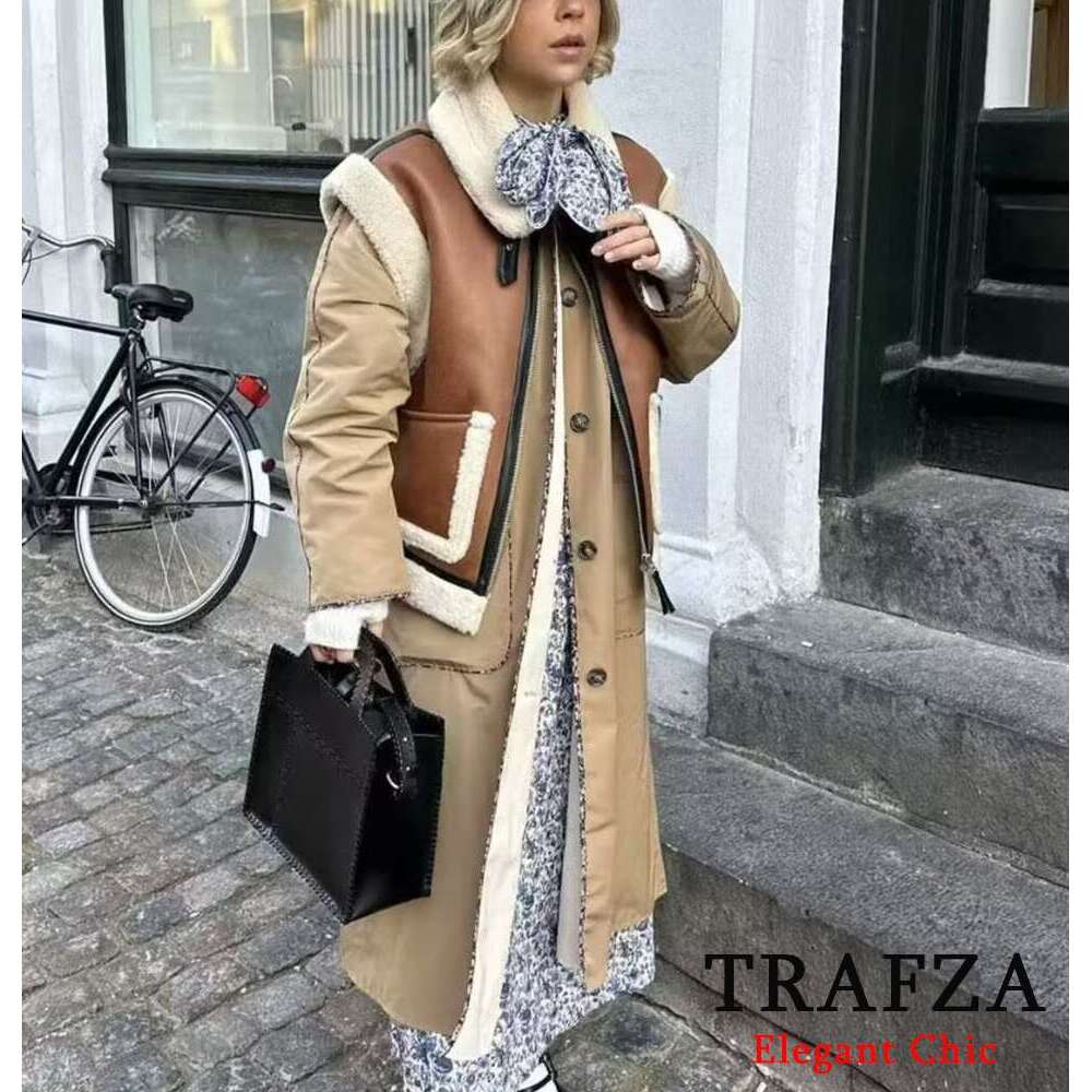 TRAFZA Vintage Fall Winter Fleece Women's Lapel Zipper Pocket New 2024 Fashion Casual Elegant Retro Vest