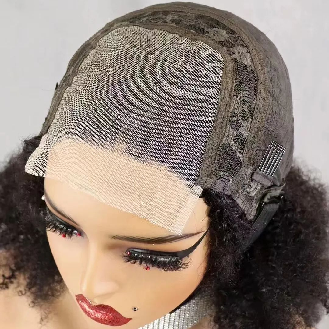 Natural Black 4x4 Lace Closure 300% Density Afro Kinky Human Hair Wigs for African Balck Women 12 14 16 Inches Short Bob Wig