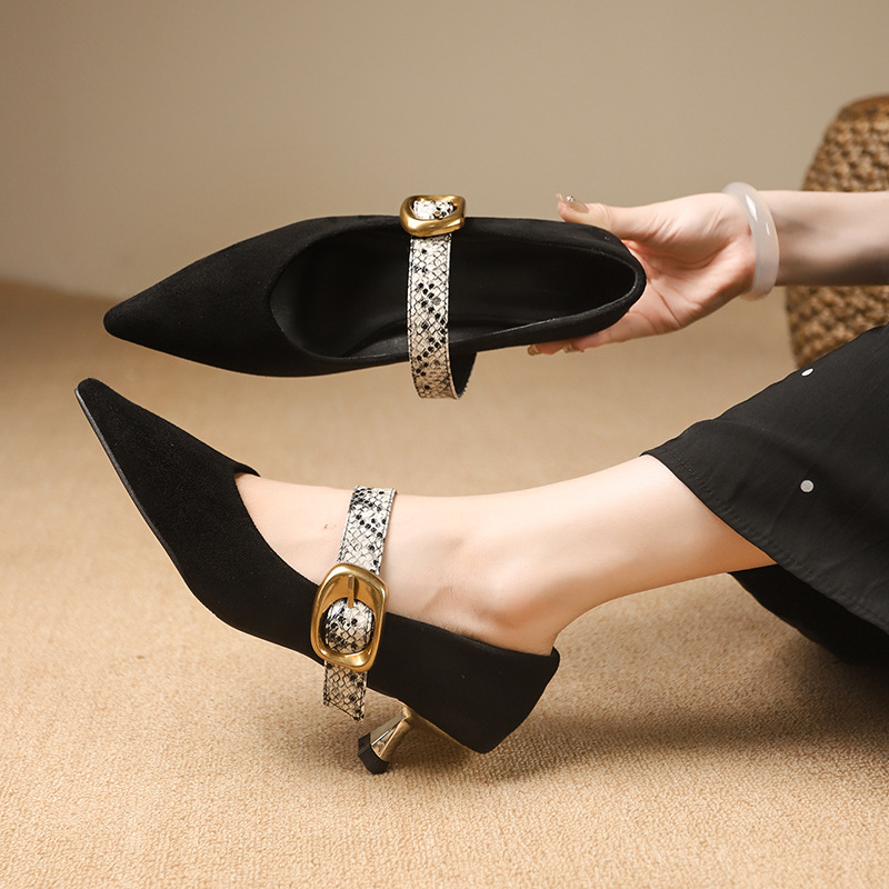 Women Fashion High Heel:France Gentle Style Slim Versatile Fashionable Pointed Toe Straight Strap,Black,Free shipping