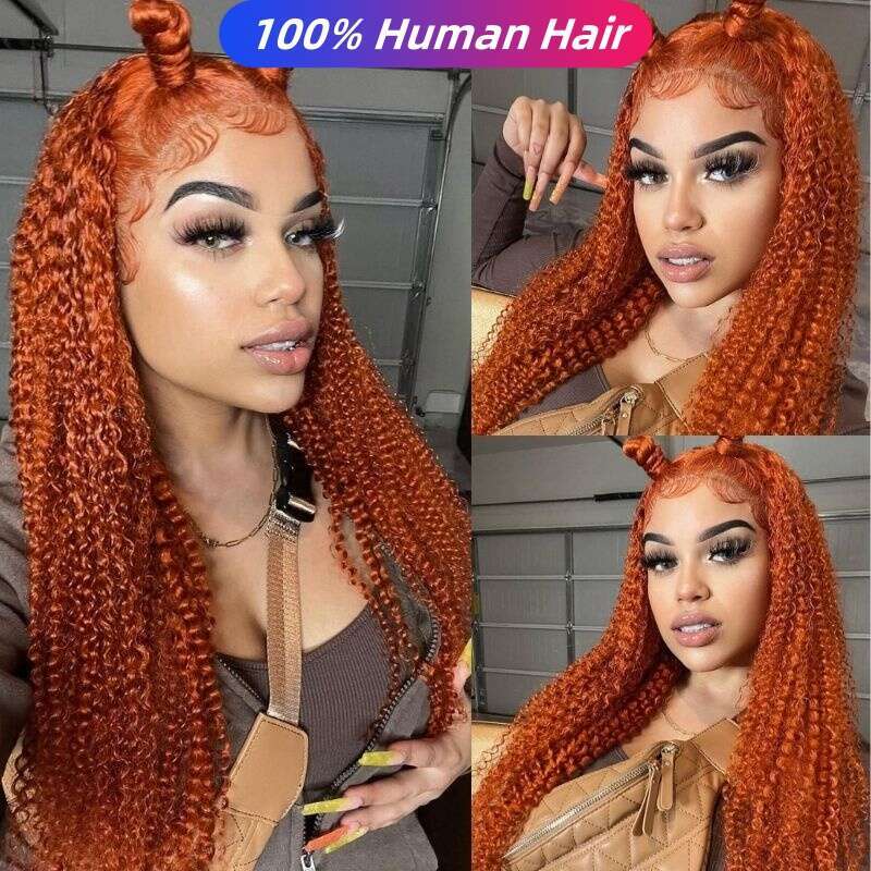 Density x HD Transparent Lace Front Human Hair Frontal Curly Wigs Natural Ginger Deep Wave For Women