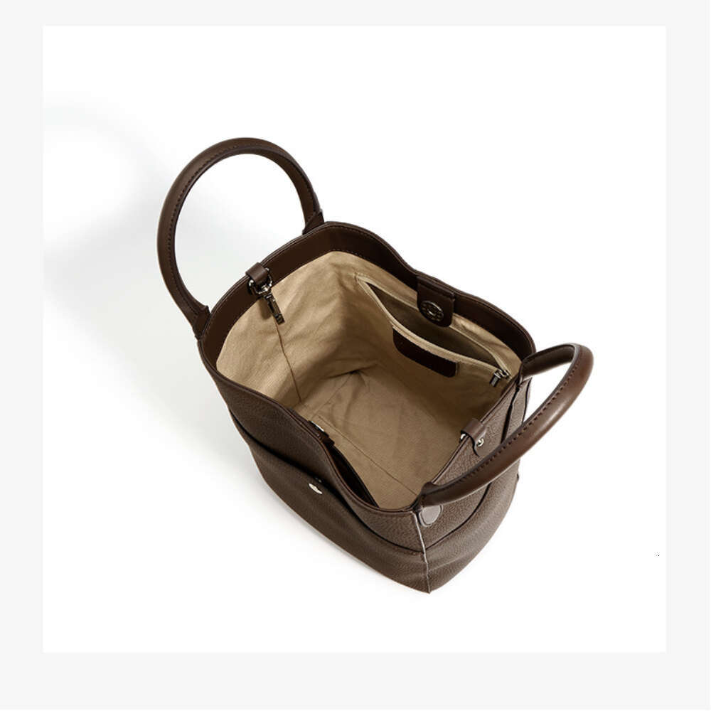 New Retro Open Pocket Design Coffee Solid Color Winter Bucket Tote 100% Soft Genuine Leather Women's Shoulder Bag Handbag