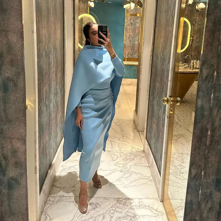 Mother Of The Bride Dresses With Cape Sheath Tea Length Prom Gown For Special Ocns Long Sleeve Muslim Formal Dress Evening Gowns 0515