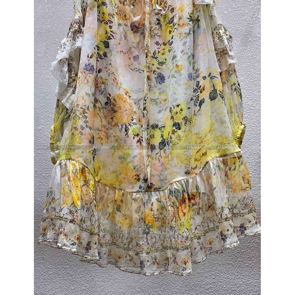 Women New V Neck Dia Beaded Ruffles Flare Sleeve Yellow Wer Print 100% Silk Loose Mini Dress