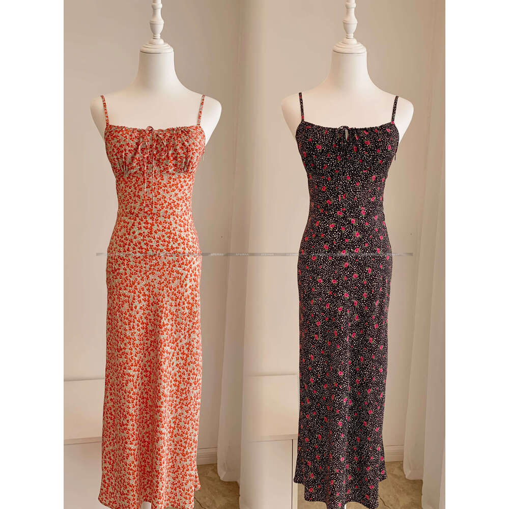 Summer Diagonal Cut Silk Suspender Rose Print Slim Fit Seaside Vacation Dress For Women