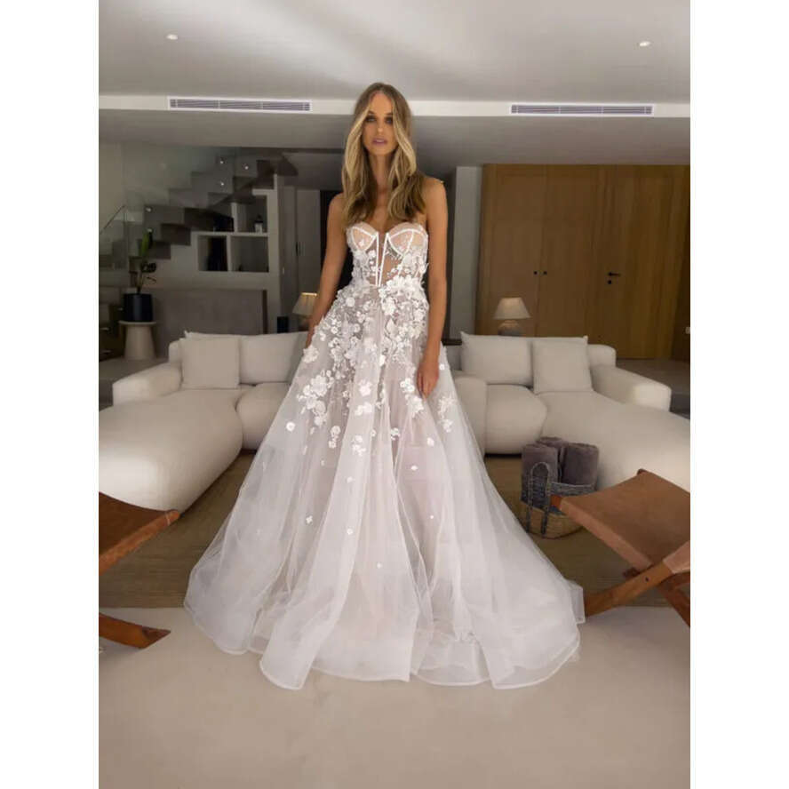Boho A E Dresses Bone Bodice Appliques Sweetheart Tulle Designer Wedding Bridal Gowns 0515