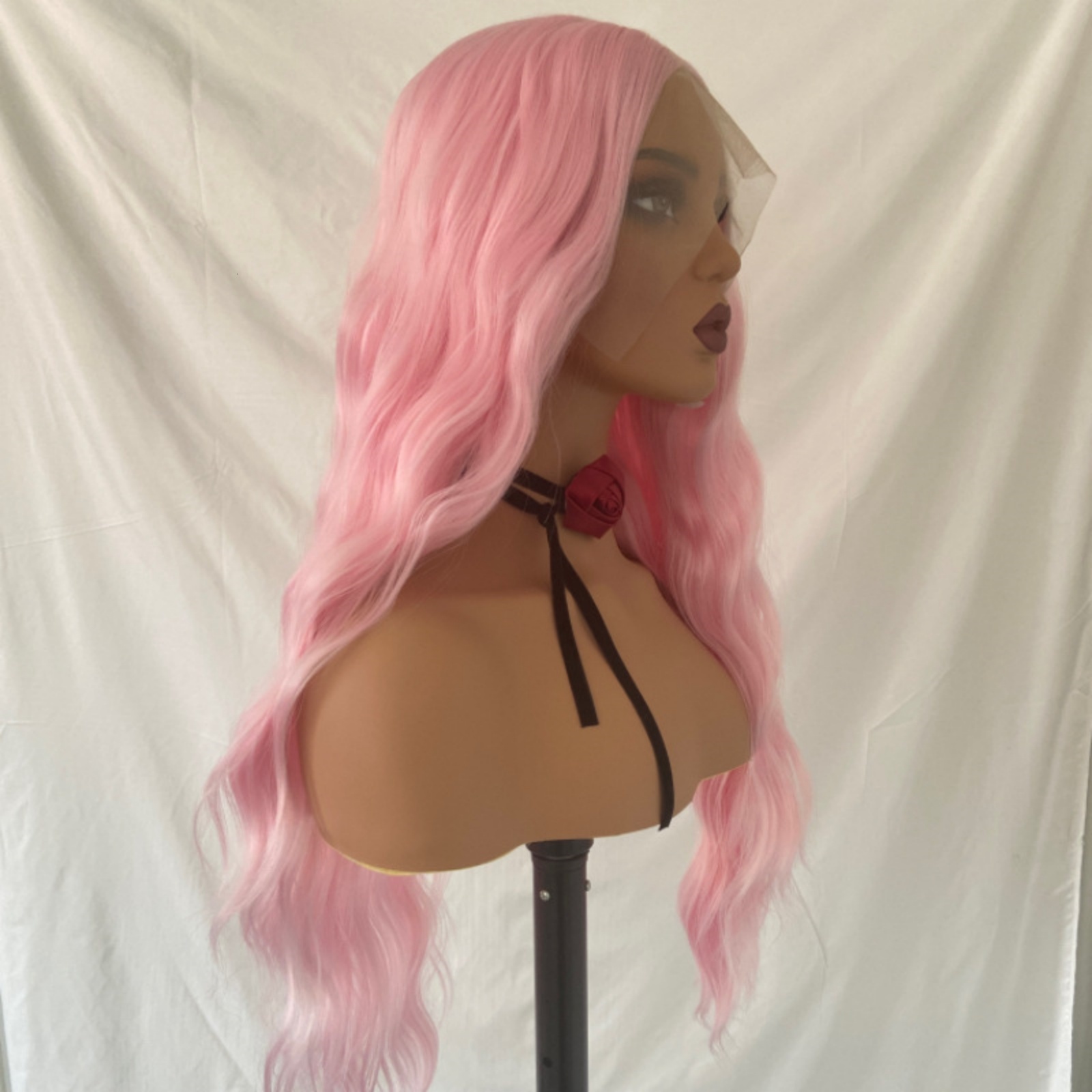 Pastel Pink Long Curly Synthetic Hair Wig Natural Wavy Colored Frontal 13X4 Lace Front Wigs for Women Cosplay