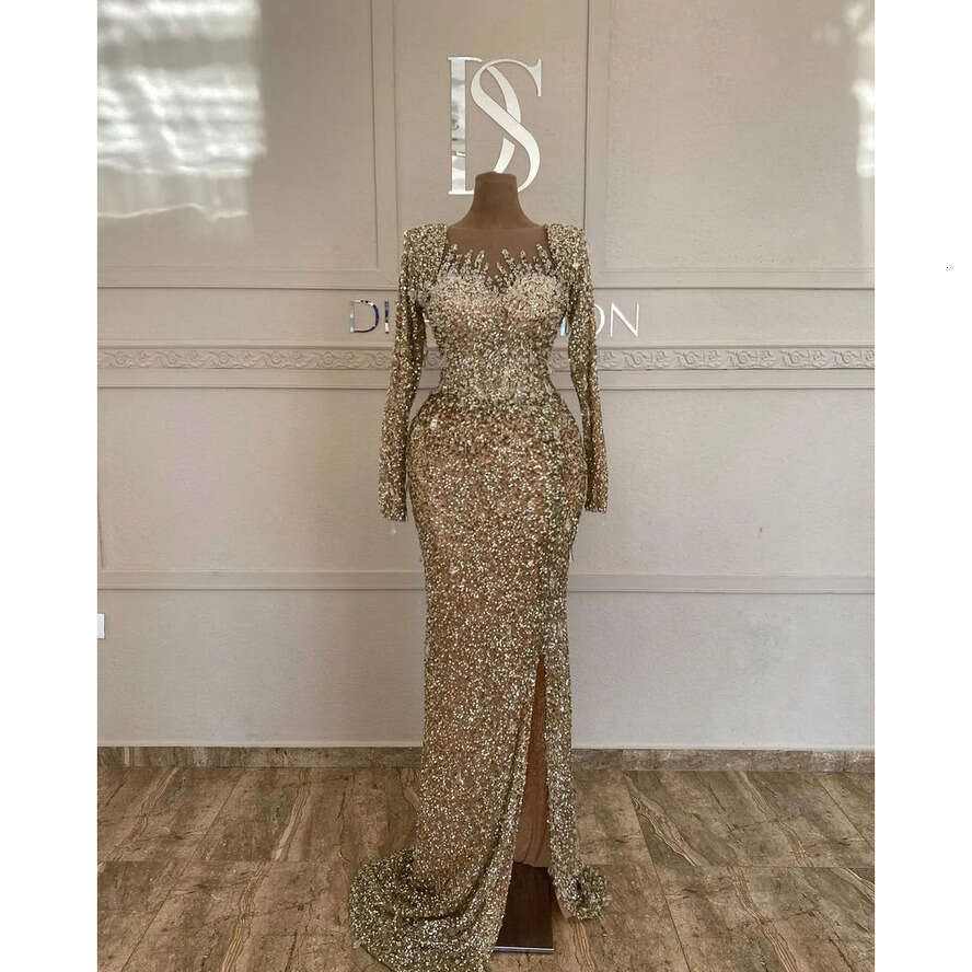Fabulous Gold Mermaid Evening Sequins Crystal Long Sleeves Formal Party Prom Dress Pleats Sheer Neck Dresses For Special Ocn 0515