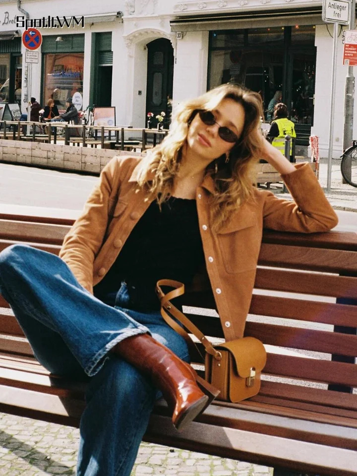 Autumn and winter brown womens slim fit suede short jacket fashionable single chest long sleeved cut jacket fashionable womens streetwear 241025