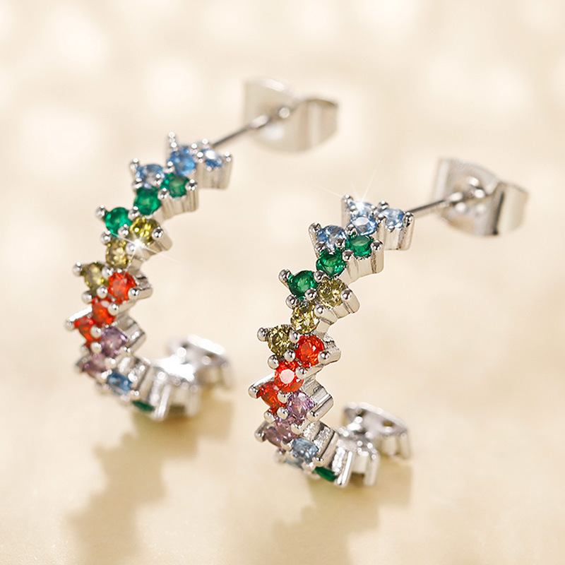 Creative Curved Colored Zirconia Earrings 925 Sterling Silver Women's Geometric Diamond Earrings Classic White Gold Crystal Earrings Luxury Weddi