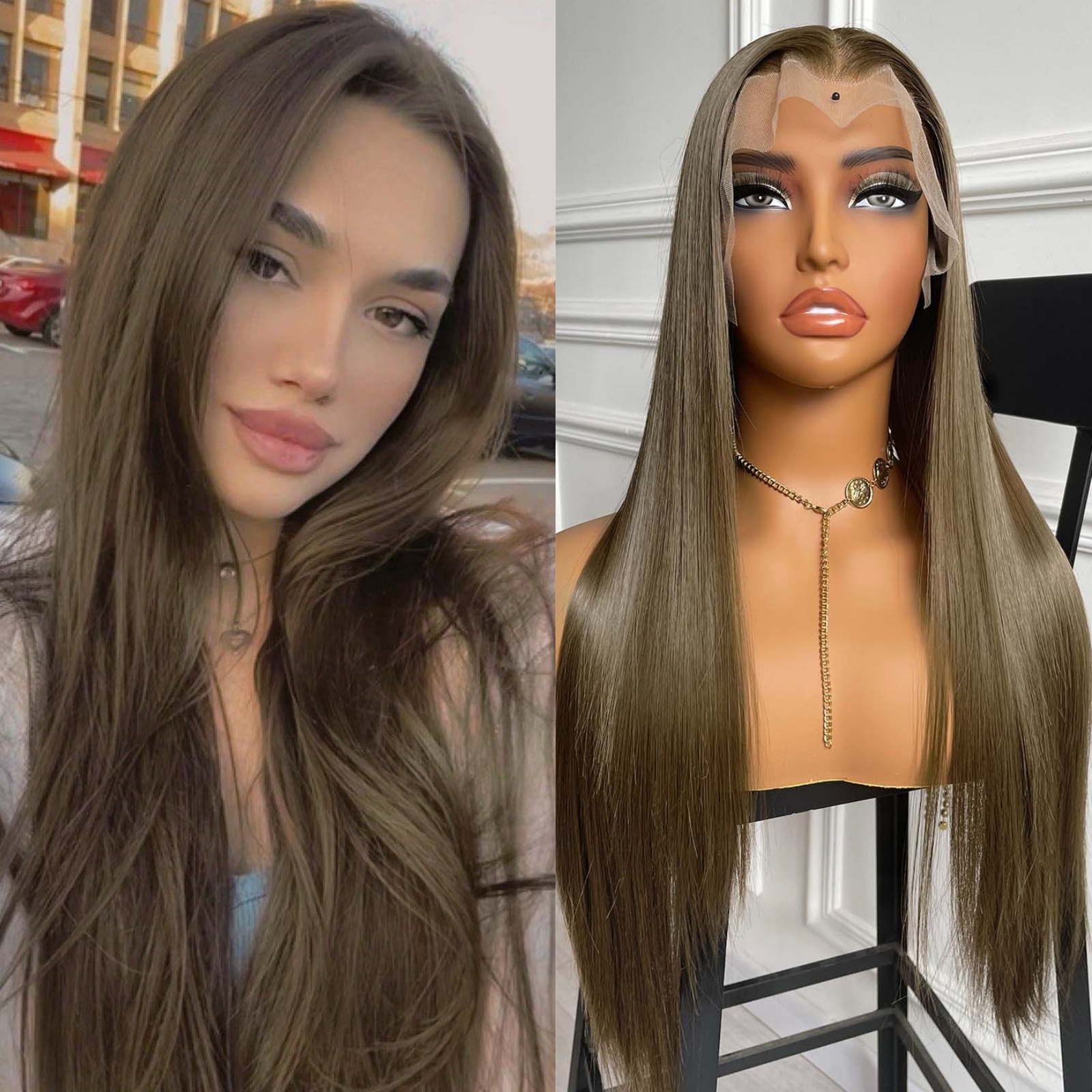 13X4 Long Straight Synthetic Hair Front Wig Natural Light Brown Brunette Colored Lace Frontal Wigs for Women