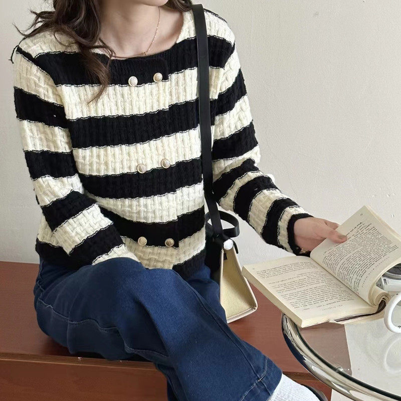 Autumn Winter New Korean Striped Round Neck Sweater Women French Soft And Sticky Double Breasted Versatile Knitted Cardigan For Women F1028#38