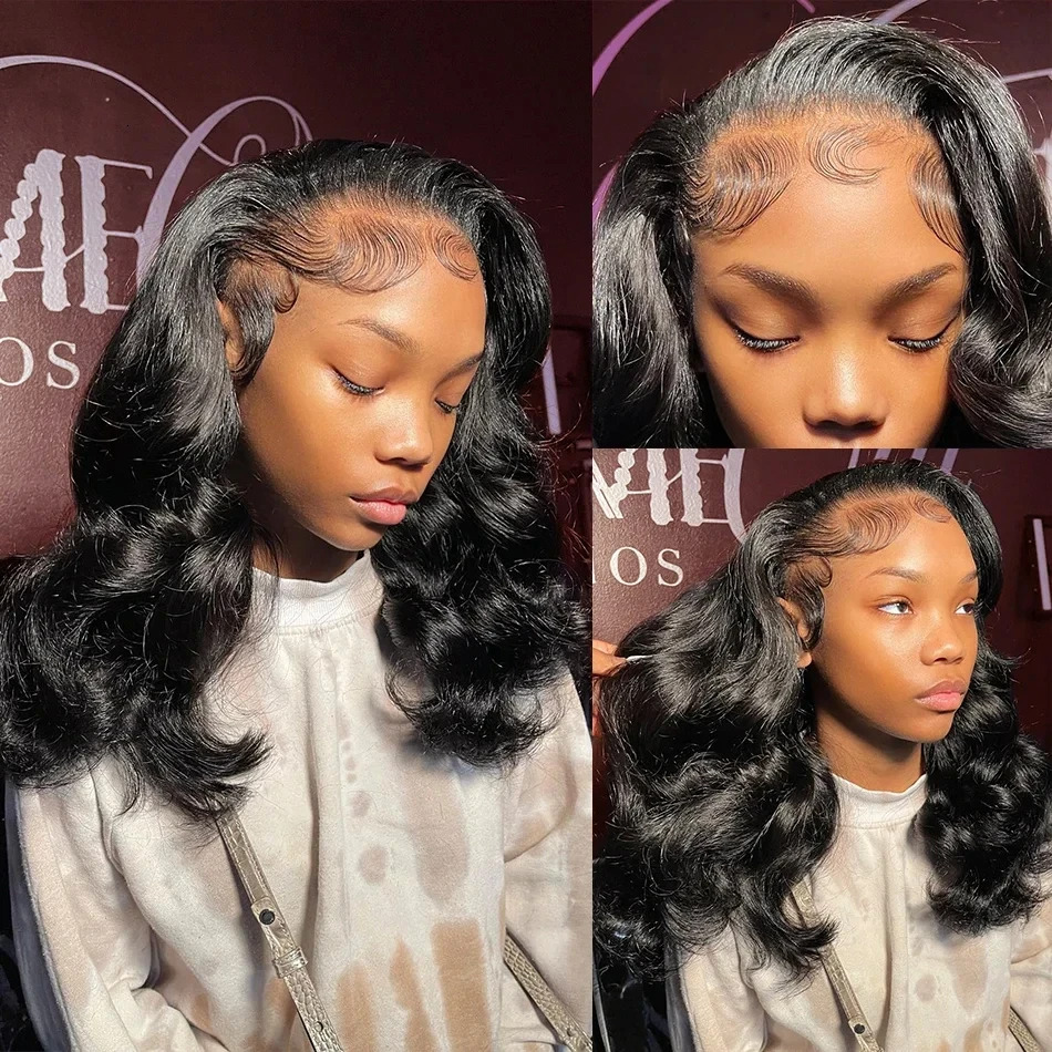 13x4 Body Wave Bob Pre Plucked HD Front Human Wig Brazilian Hair Transparent Lace Frontal Wigs 1B Remy