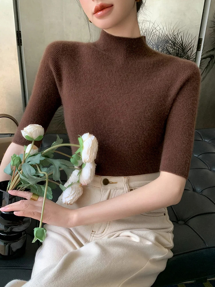 Womens Ultra Thin Plain Collar Half Sleeve Pullover Sweater Solid Color Basic Soft 100% Merino Wool Knitted Spring Summer Top 241028