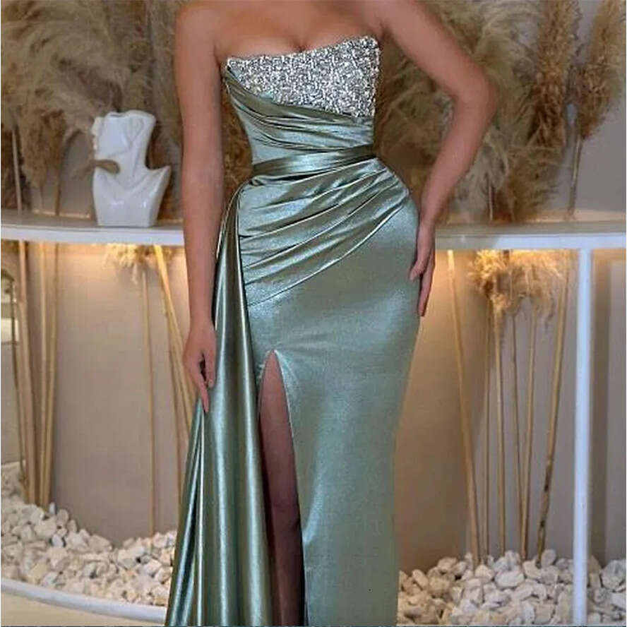 Elegant Women Beaded Evening Party Dresses 2024 Strapless Sleeveless Satin High Split Ruched Prom Gowns Formal Vestidos 0431