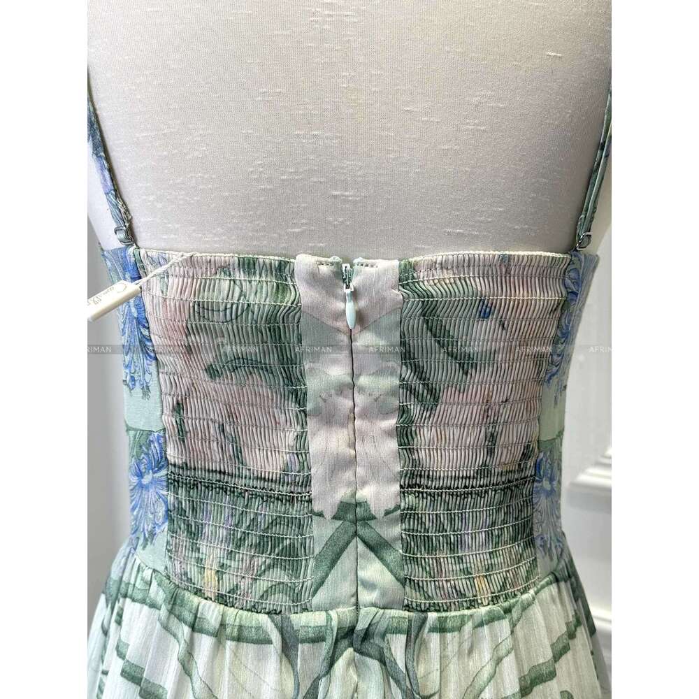 2024 New V Neck Crystal Beaded Sexy Cross Strapless Green Wer Print Maxi Long Silk Sg Dress