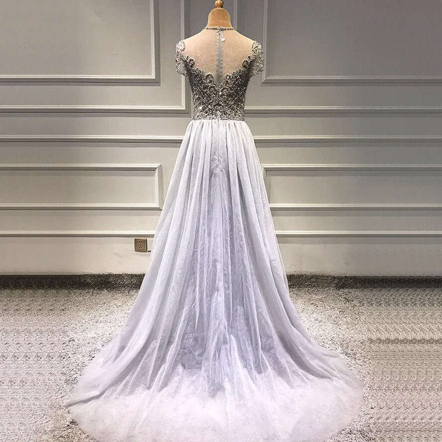 Sier Beaded Mermaid Prom Dresses With Detachable Train Vintage Short Sleeves Sheath Formal Evening Gown Long Pageant Wear