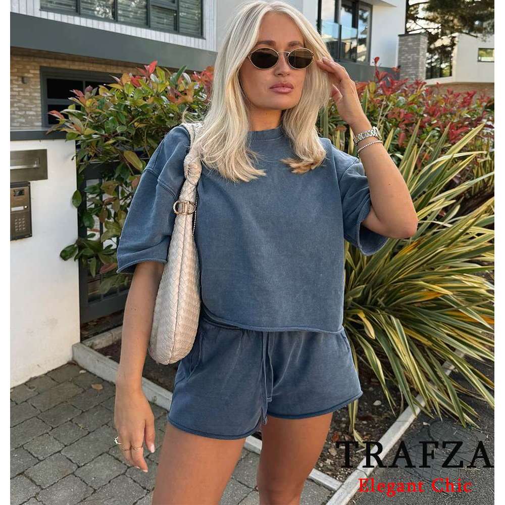 TRAFZA Basic Casual Sleeve Ribbed Short Women New 2024 Spring Summer Fasion Vacation Homeswear Shorts Set