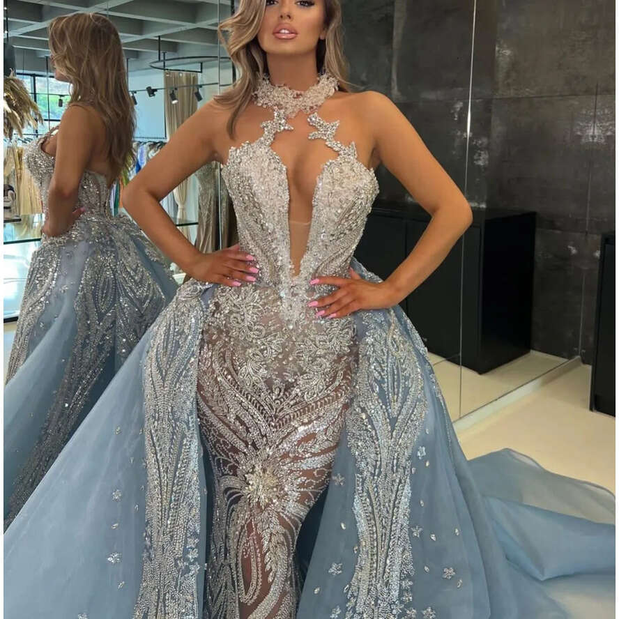 Exquisite Mermaid Prom Dresses Sleeveless V Neck Halter Appliques Beaded Pearls Or Length Detachable Train Evening Dress Bridal Gowns Plus Size Custom