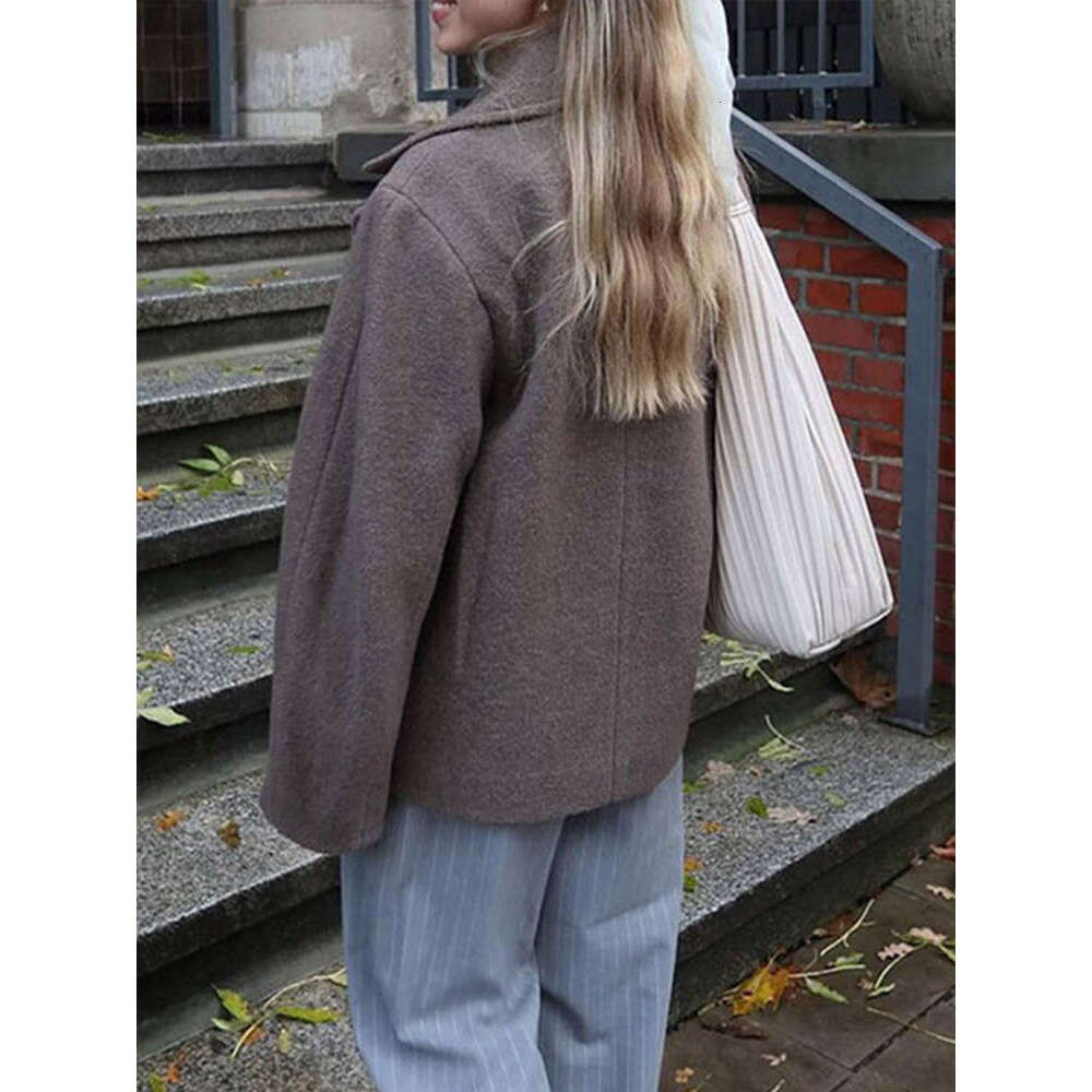 Woolen Solid Women Short Coat Thick Lapel Double Breasted Female Jacket 2024 Autumn Long Sleeve Pocket Lady Blazer Jackets