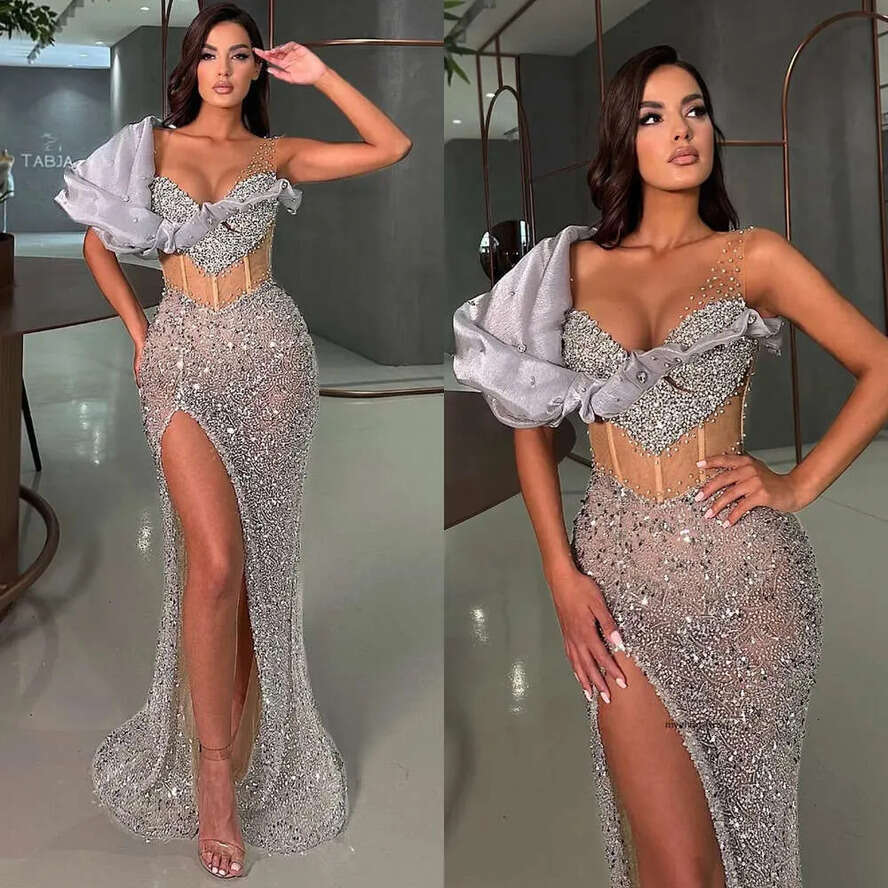 Sexy Sier Grey Mermaid Evening Beads V Neck Formal Party Prom Dress Split Red Carpet Long Dresses For Special Ocn 0515