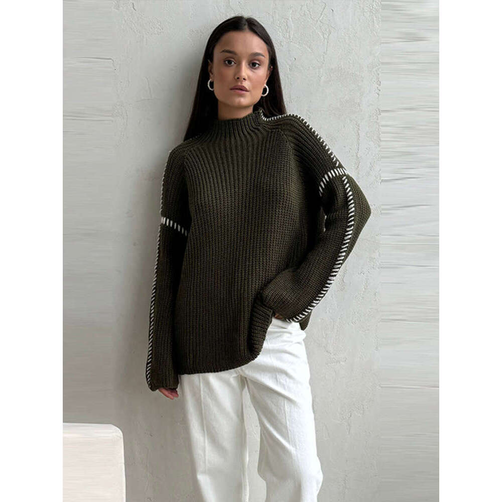 Knitted Contrast Women Sweater Elegant O-Neck Long Sleeve Lady Pullover 2024 Autumn Winter Patchwork Commuter Female Outwear