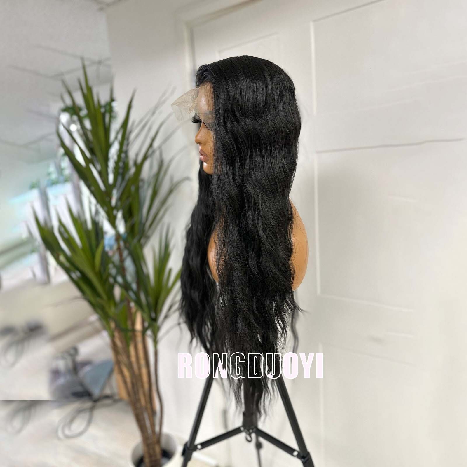 Black Long Beach Wavy Synthetic Front Wig Glueless Frontal 1B Colored Curly Hair Lace Natural Wigs for Women Party