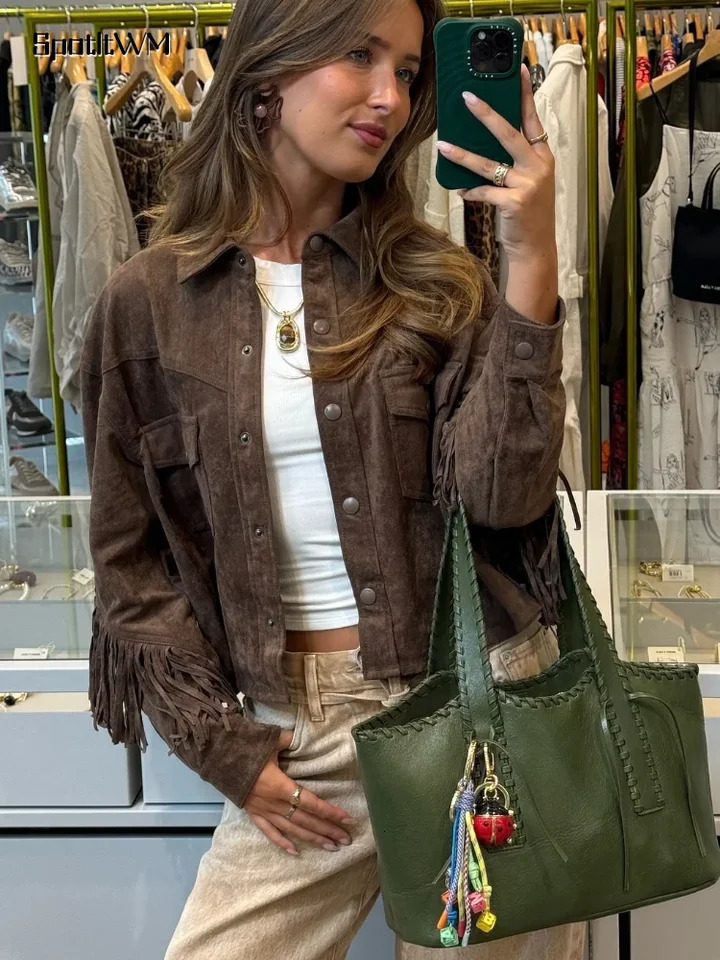 Brown retro Tassel suede leather womens jacket casual long sleeved pocket jacket fashionable autumn street crop jacket 241025
