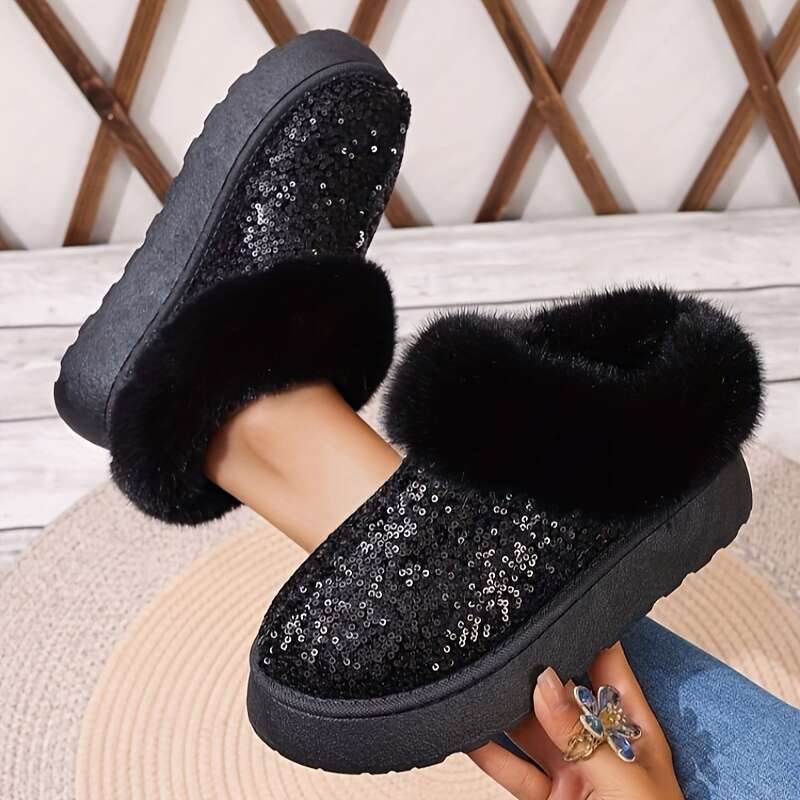 Women's Sequins Decor Platform Short Fashion Slip On Plush ed Boots, Comfortable Winter Ankle Boots