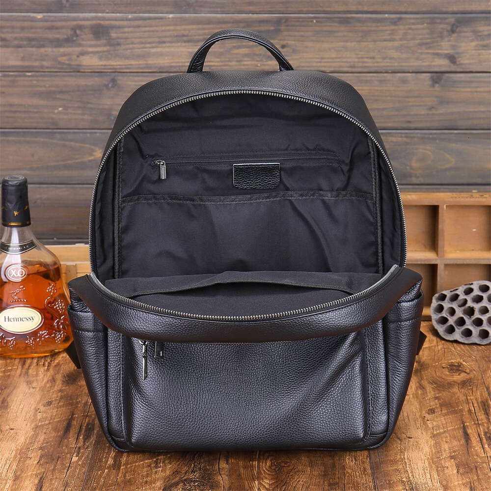 Fashion Korean Style Black Genuine Leather Men's Outdoor Business Travel Backpack Schoolbag For Laptop 16 Inch