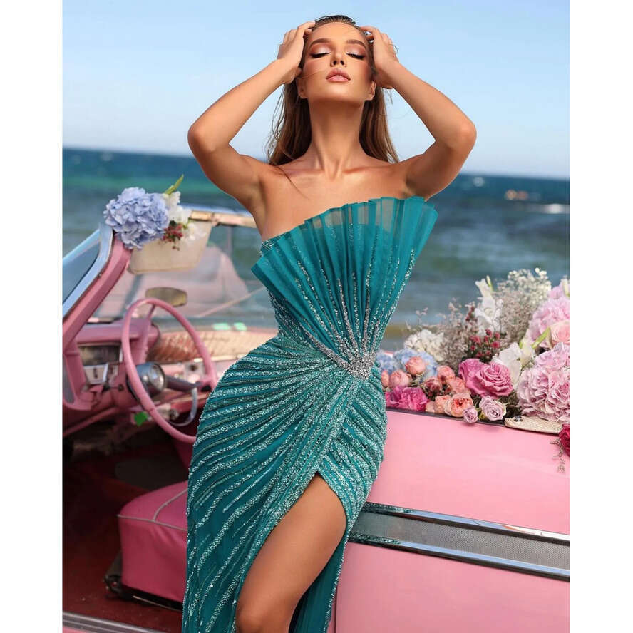 Tail Blue Mermaid Evening Dresses Strapless Party Prom Split Pleats Crystal Beads Formal Long Red Carpet Dress For Special Ocn 0515