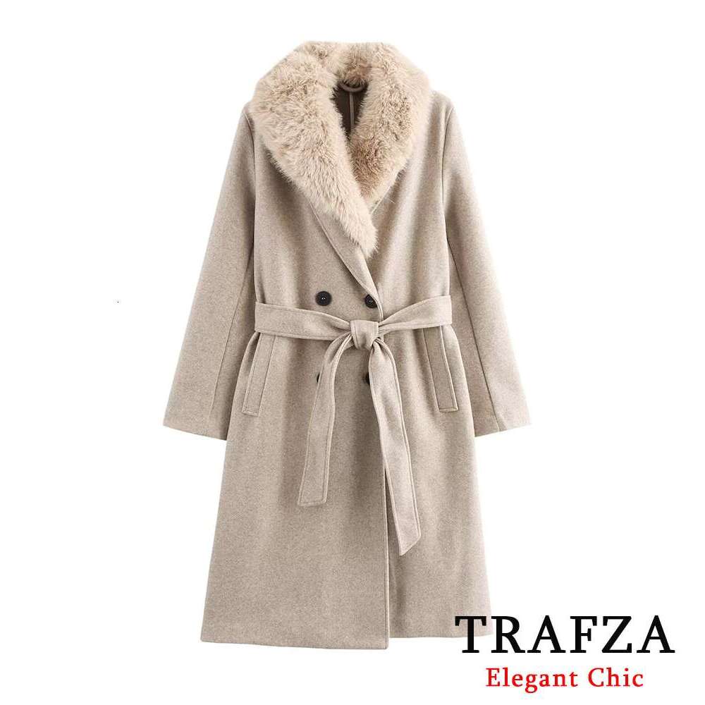 TRAFZA Women Fall Winter Faux Fur Collar Belted New 2024 Fashion Casual Stylish High Street Long Coat