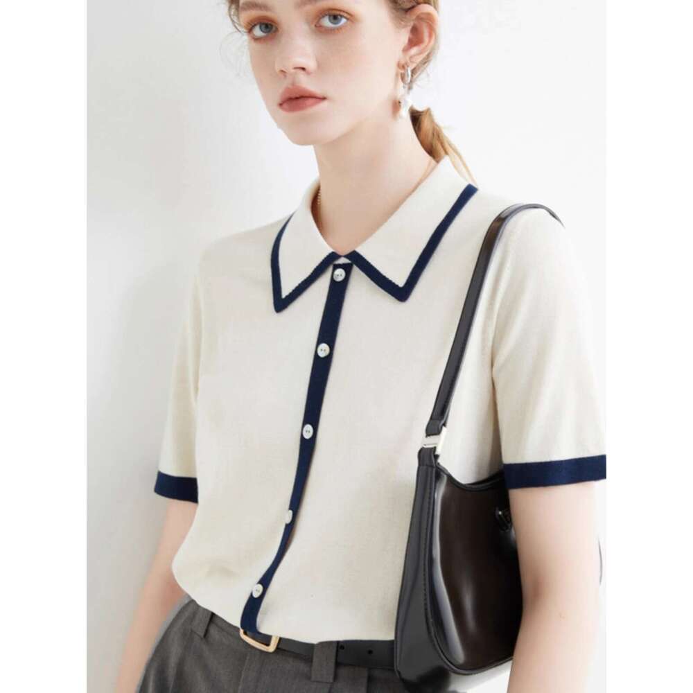 Sweet Age Reduction Small Fragrance Thin POLO Collar Short Fake Cardigan Summer Loose Slimming Lapel Half Sleeve Sweater