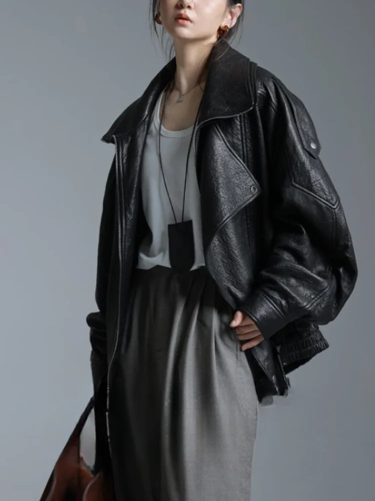 Womens Y2k Jacket Autumn Fashion Street Loose Casual Retro Heavy Double-Layer Collar Profile Jacket Leather Coat Female 241028