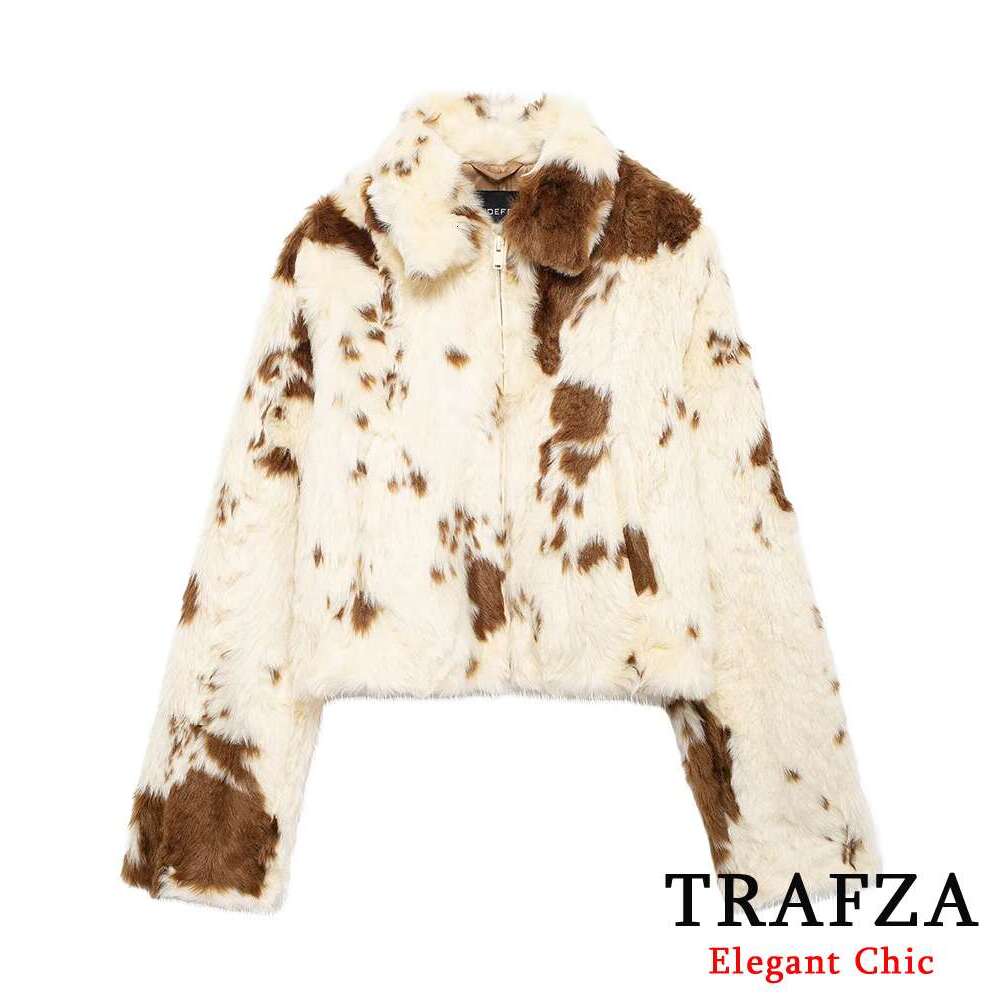 TRAFZA Women Shagg Short Lapel Jacket Loose Faux Fur Zipper Spots New 2024 Fall Winter High Street Modern Girl Coat
