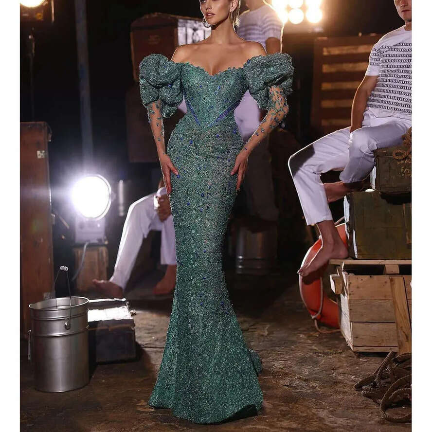 Exquisite Mermaid Prom Dresses Long Sleeves V Neck Appliques 3D Lace Or Length Dias Beads Off Shoulder Pearls Evening Dress Bridal Gowns Plus Size Cus