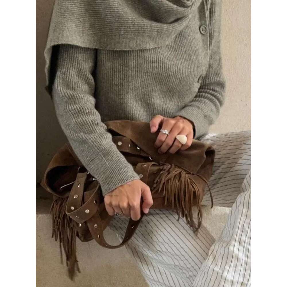 2024 Warm Scarf Collar Knitted Sweater Women Chic Single Breasted Full Sleeve Loose Cardigan Autumn Casual Lady High Streetwear