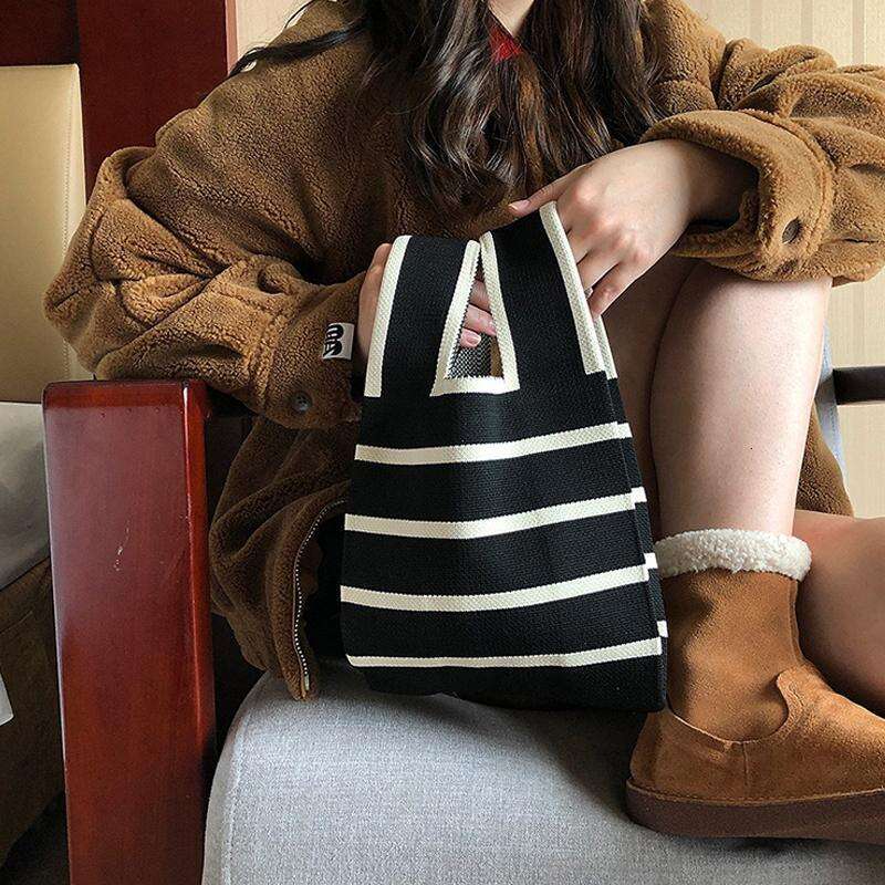 Handmade Women Knitted Small Handbag Casual Wrist Wide Stripe Shopper Mini Tote Student Reusable Shoulder Bag