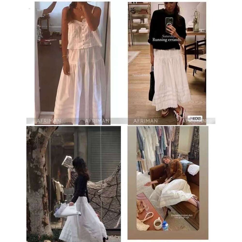 Women High Waist Hollow Out Embroidery Edge Classic White Cotton Skirt