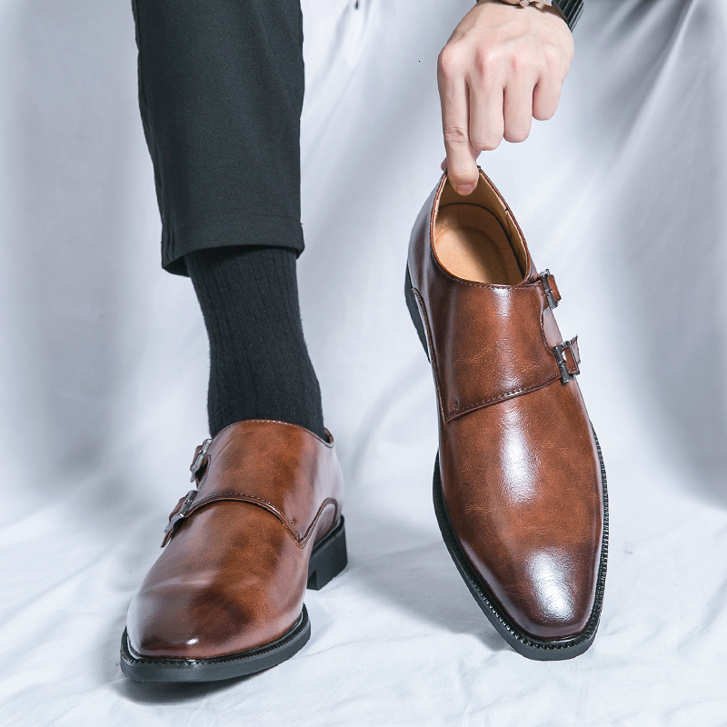 2024 New Leather Monk Classic Brown Wedding For Fashion Casual Men Shoes Evening Dress Moccasins