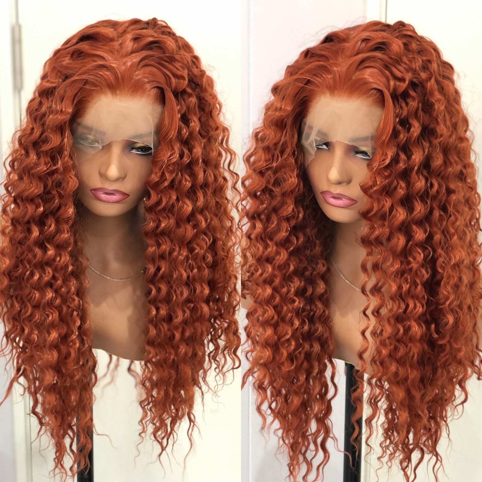 Ginger Deep Synthetic Front Wig Glueless Colored Hair Long Reddish Brown Curly Lace Frontal Wigs for Women Party
