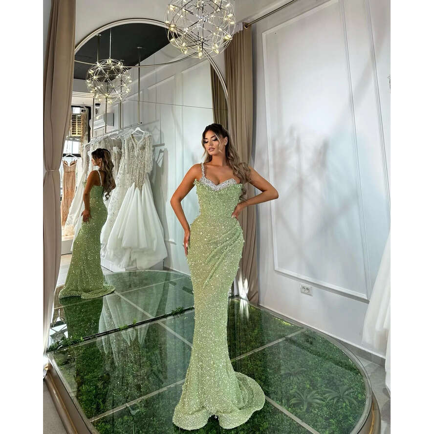 Light Green Sequins Mermaid Evening Dresses Spaghetti Beads Collar Party Prom Pleats Formal Long Red Carpet Dress For Special Ocn 0515