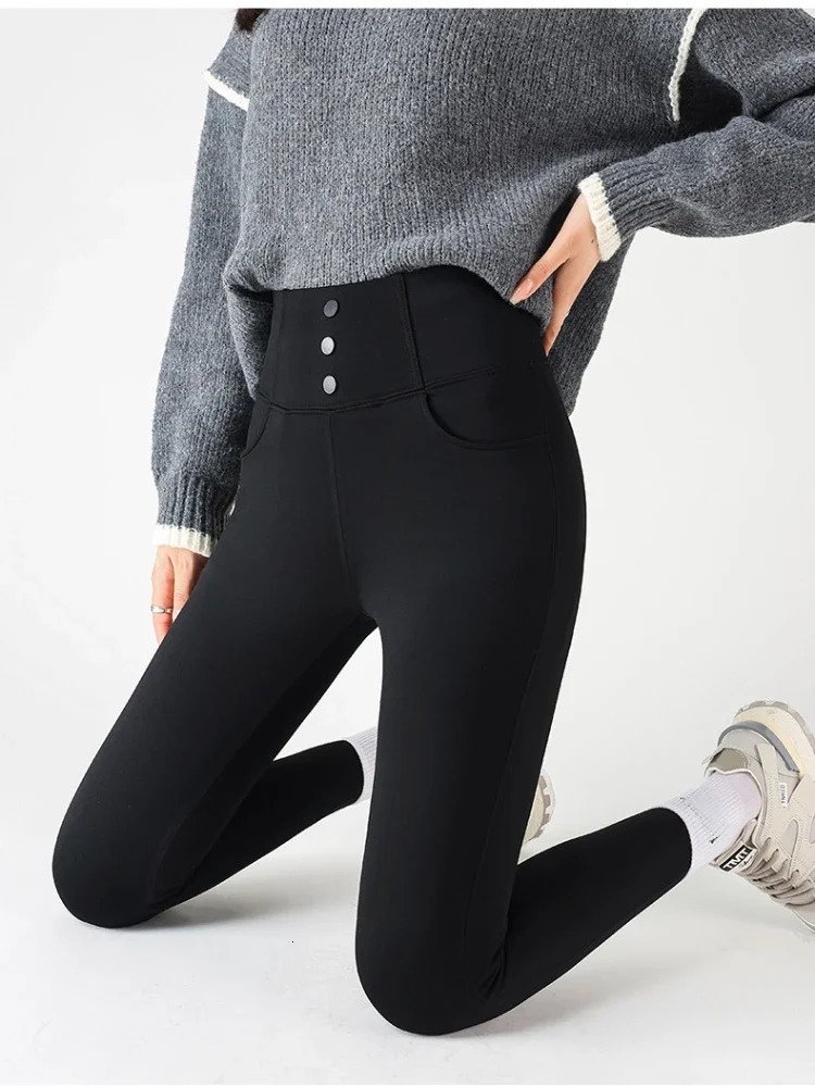 Black Pocket Womens Clothing Long Legs Velvet Autumn Tight Wool High Waist Pencil Pants Womens Sexy Winter Long Legs 241028