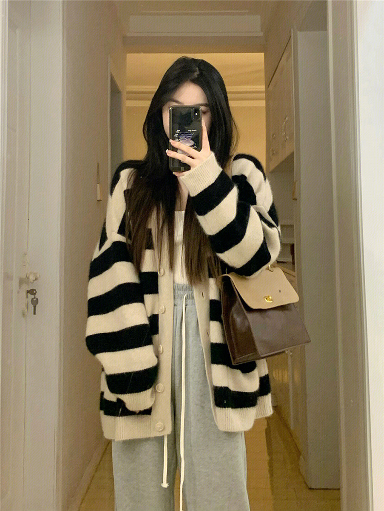 Striped Contrasting Sweater Soft Sticky Cardigan For Women Autumn And Winter New Item Korean Version Lazy Style Temperament Knitted Top Jacket F1028#4