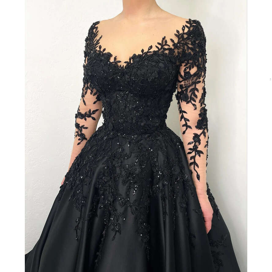 Stunning A E Gothic Illusion Long Sleeves Boho Dresses Bridal Gowns Sequins Lace Appliques Country Black Wedding Dress 0515
