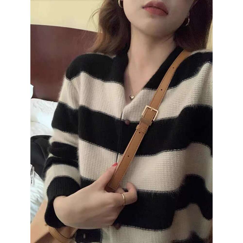 Classic Striped Shirt ~100 Pure Woolen Sweater Autumn Crewneck Cardigan Blouse Korean Cashmere Coat Slimming Knit