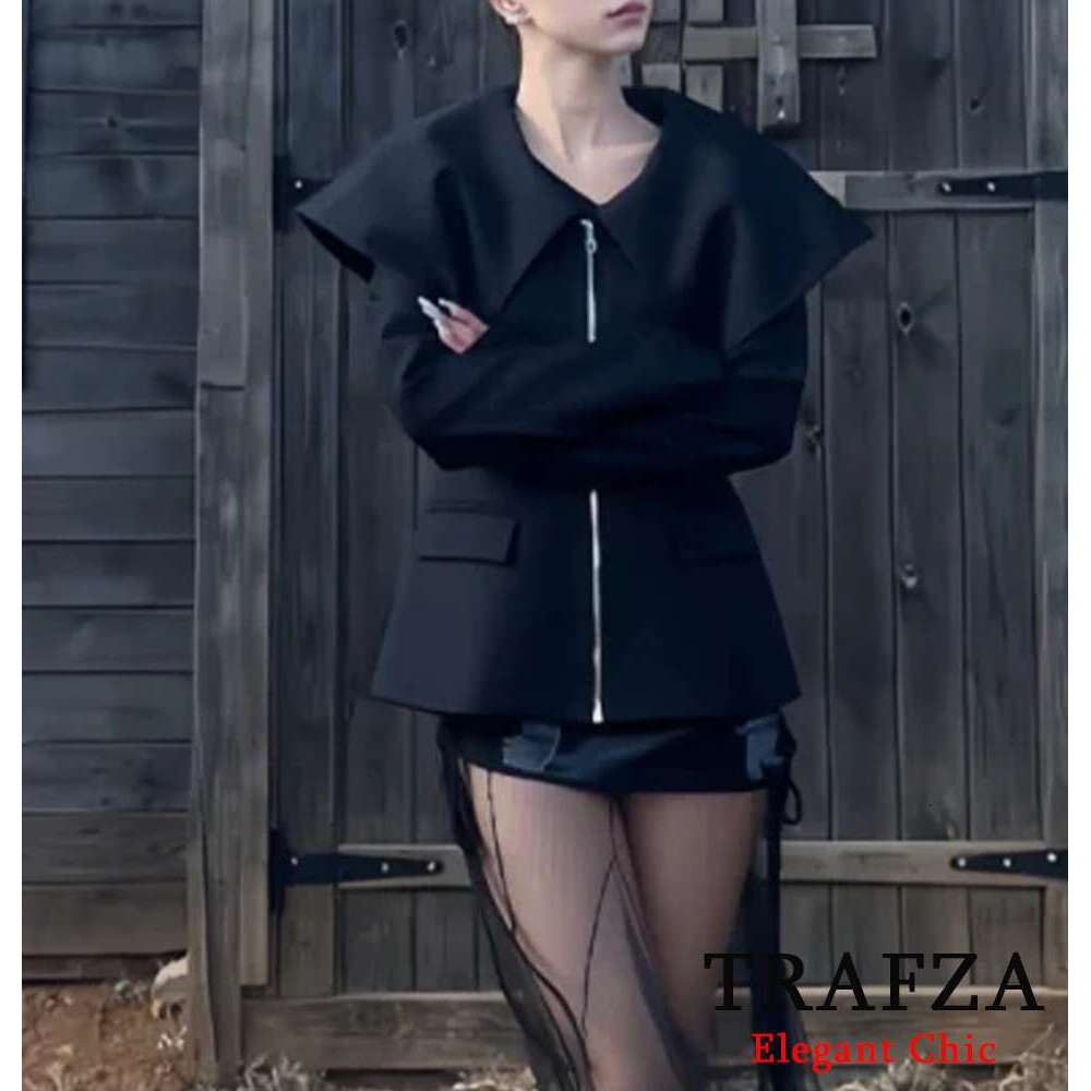 Trafza-Women Fashion Large Lapel Zipper Pocket New 2024 Autumn Winter High Street Elegant Y2k Female Jacket