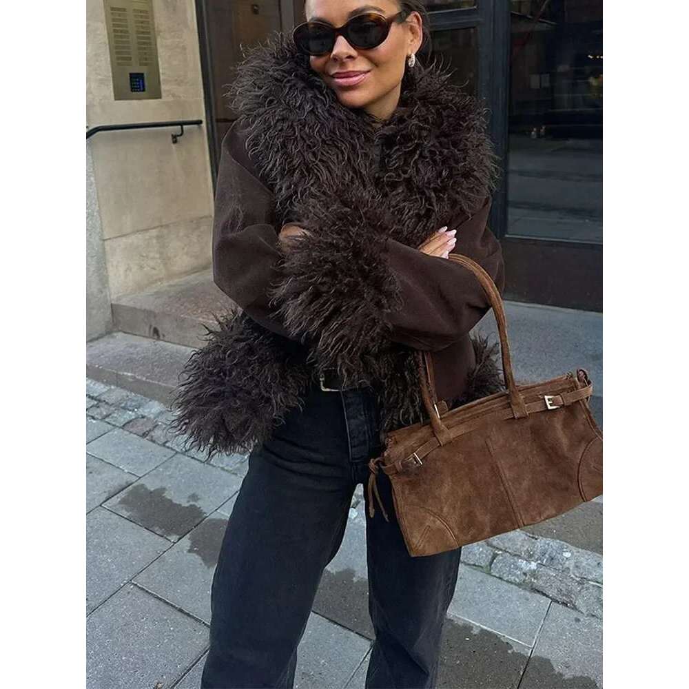 Women Coffee Suede Leather Fluffy Fur Spliced Coat Fashion Autumn Winter Lapel Warm Thick Jacket 2024 New Lady Street Outerwear